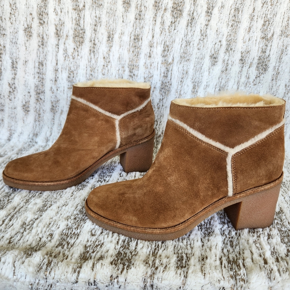 NWOT UGG "Kasen" Suede Sherpa Block Heel Ankle Boot Tan Leather | Women’s 9.5 - Picture 5 of 13